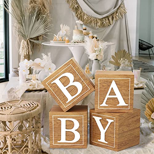 Netnology Baby Shower Boxes Birthday Party Decorations - 4 Wood Grain Brown Stereoscopic Blocks with BABY Letter,1st Birthday Balloon Boxes,Teddy Bear Boys Girls Baby Shower Supplies, Gender Reveal Backdrop - Image 4