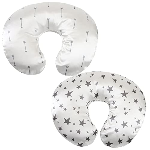 Tcmyyund Satin Nursing Pillow Cover Set 2 Pack Ultra Soft Silk Compatible with Boppy Pillow for Breastfeeding Protects Baby Hair Skin Grey Arrows Stars