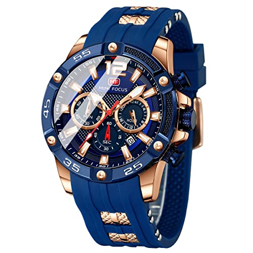 MF MINI FOCUS Men Watch, Chronograph Waterproof Sport Analog Quartz Watches Red Silicon Strap Fashion Wristwatch for Men - Image 1
