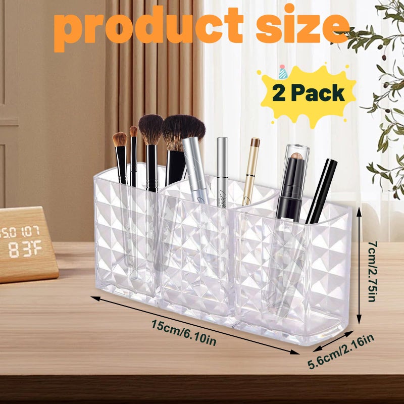 IIDEA 2 Pcs Acrylic Makeup Brush Holder,3 Compartment Cosmetic Organizer,Bathroom Vanity Countertop Storage for Brushes Beauty Tools Pencils Pens Bathroom Living Room - Image 2