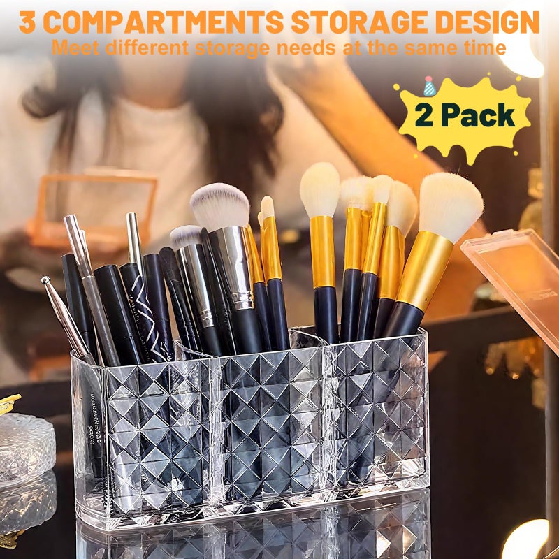 IIDEA 2 Pcs Acrylic Makeup Brush Holder,3 Compartment Cosmetic Organizer,Bathroom Vanity Countertop Storage for Brushes Beauty Tools Pencils Pens Bathroom Living Room - Image 3