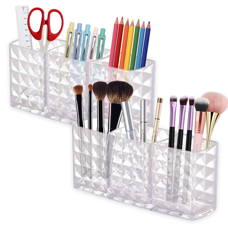 IIDEA 2 Pcs Acrylic Makeup Brush Holder,3 Compartment Cosmetic Organizer,Bathroom Vanity Countertop Storage for Brushes Beauty Tools Pencils Pens Bathroom Living Room - Image 1
