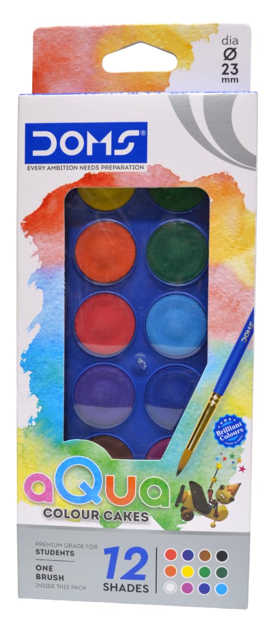 Doms Aqua Water Colour Cakes 12 Shades 23 Diameter| Rich Colour Pigment| Premium Grade For Students| With FREE 1 Brush| Best Birthday Gift| Useful For Drawing & Colouring Pack of 2