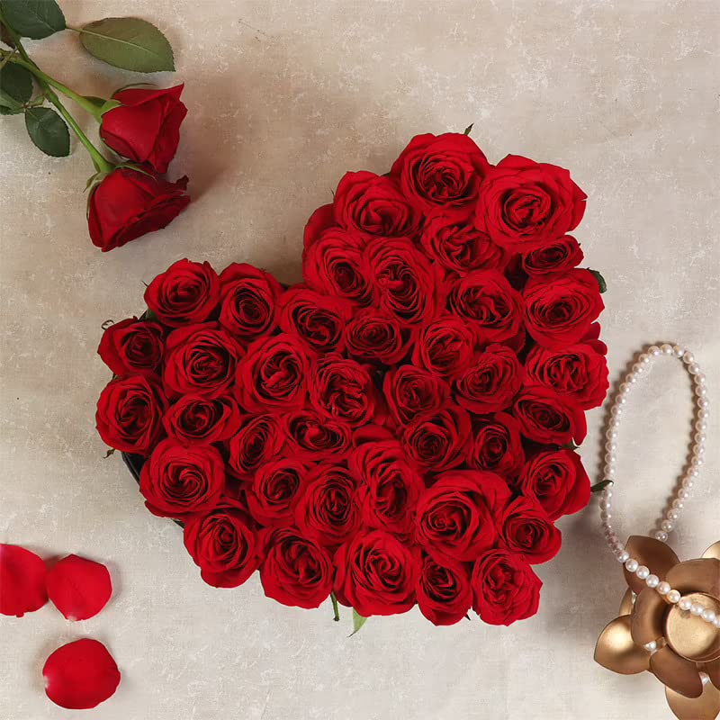FlowerAura Fresh Live Flower Bouquet of 50 Red Roses In Heart Box For Birthday Gift Anniversary Gift Wedding Gift Congratulations Gift Gift For Special Occasions Same Day Delivery - Image 1