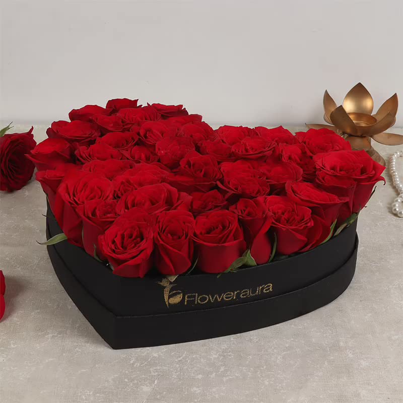 FlowerAura Fresh Live Flower Bouquet of 50 Red Roses In Heart Box For Birthday Gift Anniversary Gift Wedding Gift Congratulations Gift Gift For Special Occasions Same Day Delivery - Image 3