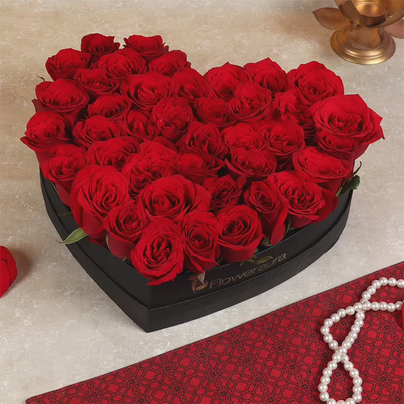 FlowerAura Fresh Live Flower Bouquet of 50 Red Roses In Heart Box For Birthday Gift Anniversary Gift Wedding Gift Congratulations Gift Gift For Special Occasions Same Day Delivery - Image 2