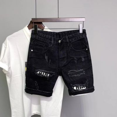 Summer Slim Fit Patched Ripped Denim Shorts for Men Black 