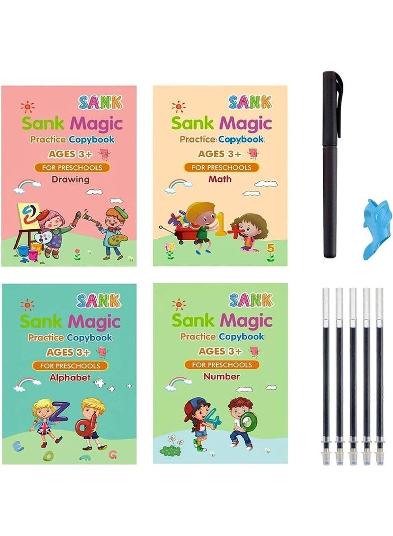 Sank Magic Children’s Grooved Magic Practice Copybook Set – 4 English Workbooks with Pen Holder & Refills – Handwriting Control Training for Kids - Image 1