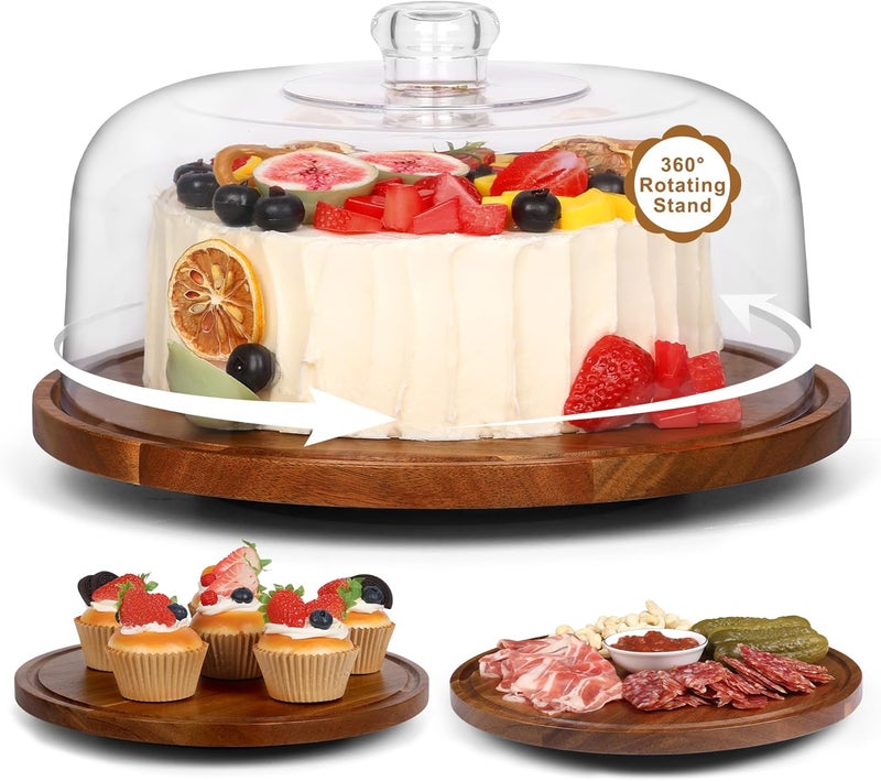 Bellsal Cake Stand with Dome Lid, 12in Acacia Wood Cake Plate with Cover, Wooden Cake Display Stand with Acrylic Dome, Cake Decorating for Baking Gifts, Birthday Kitchen Party, Weddings - Image 1