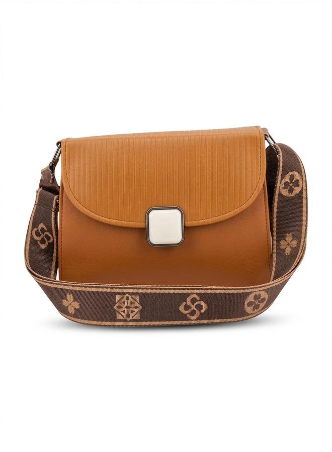 KRIFTY PU Leather Sling Bag with Boho Patterned Strap, Flap Closure, Crossbody Style For Women's/Girls (Brown) - Image 1