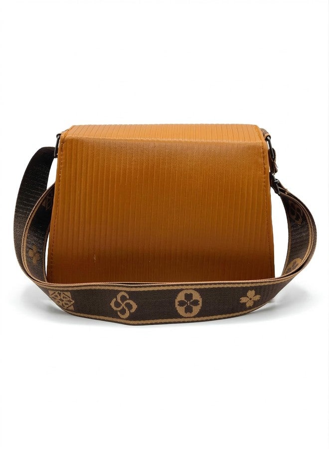 KRIFTY PU Leather Sling Bag with Boho Patterned Strap, Flap Closure, Crossbody Style For Women's/Girls (Brown) - Image 3