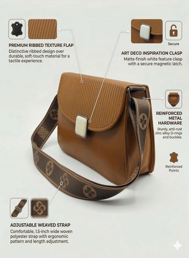 KRIFTY PU Leather Sling Bag with Boho Patterned Strap, Flap Closure, Crossbody Style For Women's/Girls (Brown) - Image 2