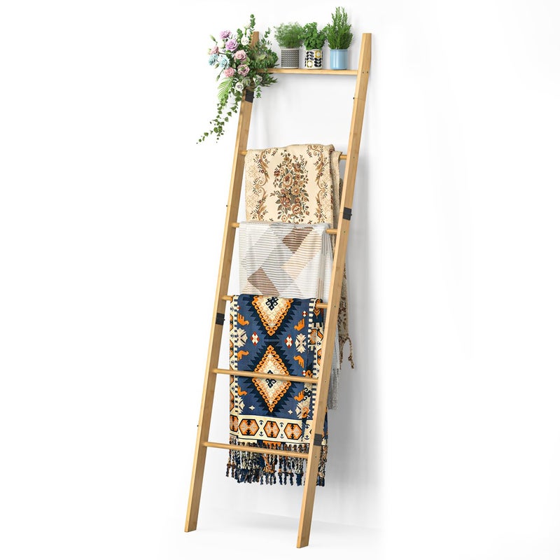 BAMBANG 6-Tier Blanket Ladder for Living Room, Blanket Quilt Ladder Rack Rustic Decorative Towel Holder, Wall Leaning Blanket Ladder Shelf Storage Farmhouse Decor for Bedroom Bathroom, Natural - Image 1