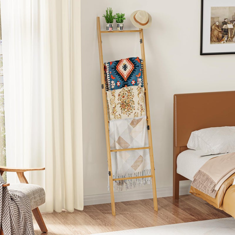 BAMBANG 6-Tier Blanket Ladder for Living Room, Blanket Quilt Ladder Rack Rustic Decorative Towel Holder, Wall Leaning Blanket Ladder Shelf Storage Farmhouse Decor for Bedroom Bathroom, Natural - Image 4