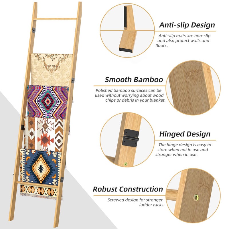 BAMBANG 6-Tier Blanket Ladder for Living Room, Blanket Quilt Ladder Rack Rustic Decorative Towel Holder, Wall Leaning Blanket Ladder Shelf Storage Farmhouse Decor for Bedroom Bathroom, Natural - Image 2
