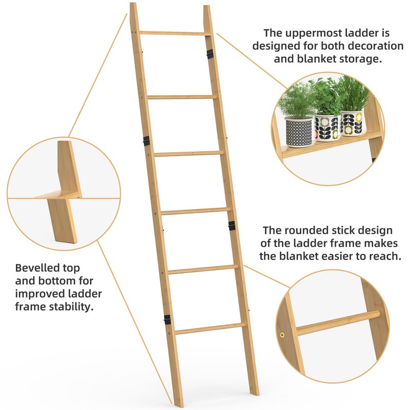 BAMBANG 6-Tier Blanket Ladder for Living Room, Blanket Quilt Ladder Rack Rustic Decorative Towel Holder, Wall Leaning Blanket Ladder Shelf Storage Farmhouse Decor for Bedroom Bathroom, Natural - Image 3