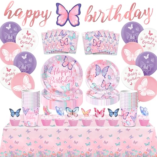 BOLAKE Butterfly Birthday Party Supplies Decorations Tableware Set Serves 25 Butterfly Disposable Paper Plates Napkins Cups Cake Toppers Tablecloth Banner and Balloons for Butterfly Decorations - Image 1