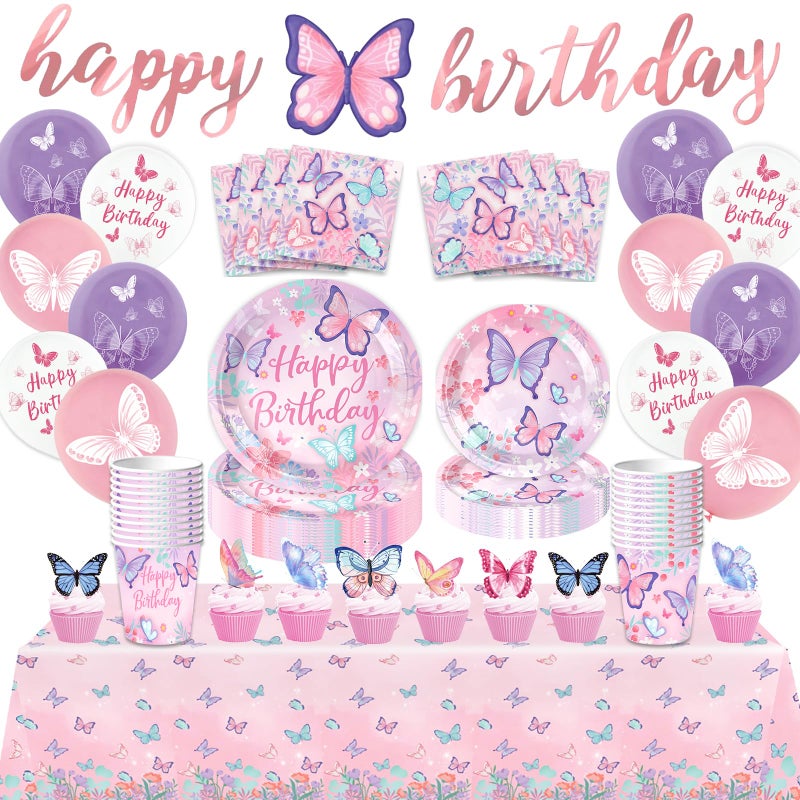 BOLAKE Butterfly Birthday Party Supplies Decorations Tableware Set Serves 25 Butterfly Disposable Paper Plates Napkins Cups Cake Toppers Tablecloth Banner and Balloons for Butterfly Decorations - Image 2