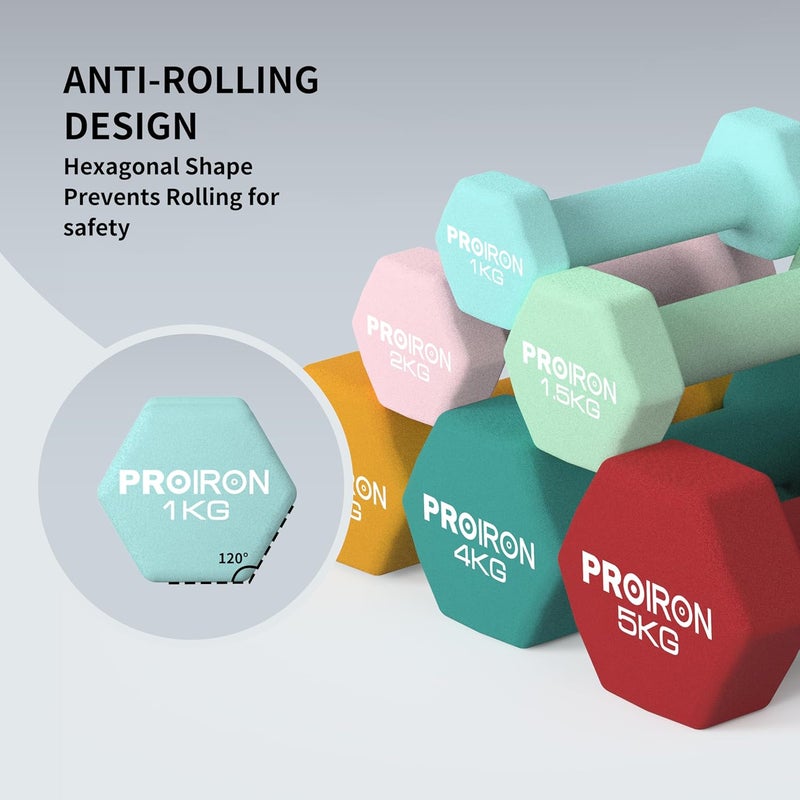 PROIRON Hex Neoprene Dumbbell Set - 2 x 8KG - Image 2
