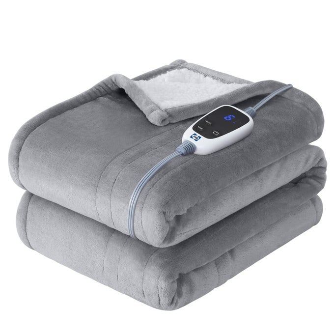 ELECTRIC THROW BLANKET FLANNEL SHERPA HEATED THROW WITH 6 HEATING LEVELS 210 HOURS AUTO SHUT OFF FAST HEATING MACHINE WASHABLE 50X60 INCH LIGHT GREY
