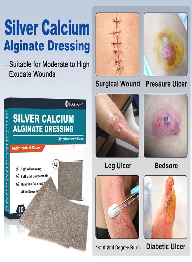 Ceeport Calcium Alginate Ag Silver Wound Bandages, 4''X4'' Adhesives, Individual Pack of 10, Soft Silver Wound Treatment Dressings, Soft & Highly Absorbent Dressing, C - Image 2