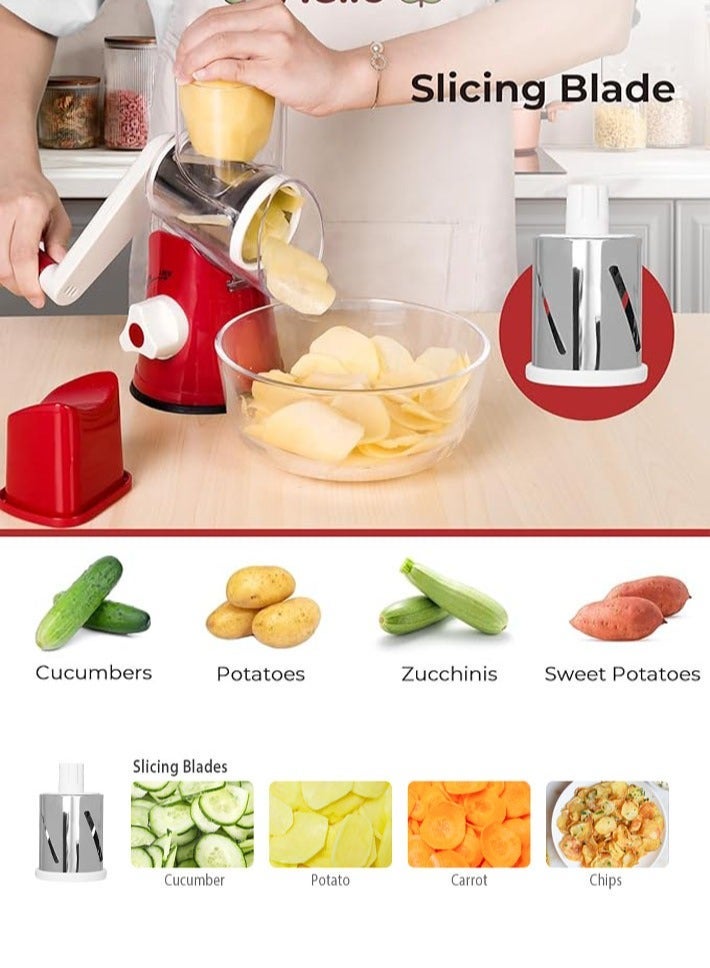 ديدا كوسموس مفرمة خضروات، 4 قطع لتقطيع الخضروات 3 في 1، قطاعة أسطوانية دوارة يدوية (أحمر) - Image 3