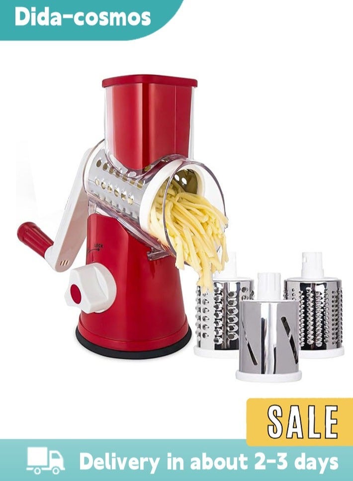 ديدا كوسموس مفرمة خضروات، 4 قطع لتقطيع الخضروات 3 في 1، قطاعة أسطوانية دوارة يدوية (أحمر) - Image 1