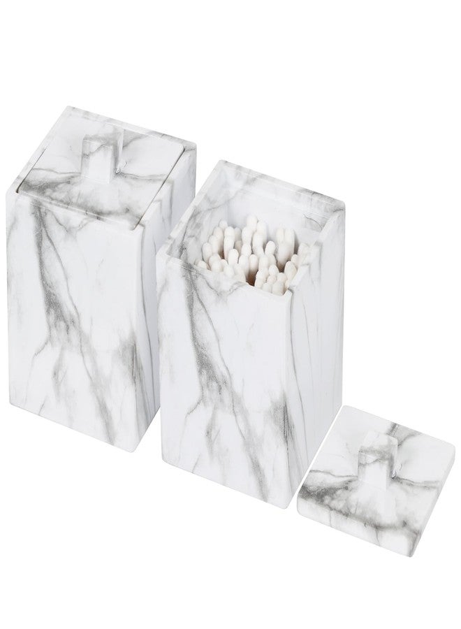 Jung Ford 2-Pack Marble Pattern Cotton Swab Holders with Lids, Resin Bathroom Vanity Storage Jars, Square Qtip Containers for Cotton Balls, Pads, and More (White) - Image 1
