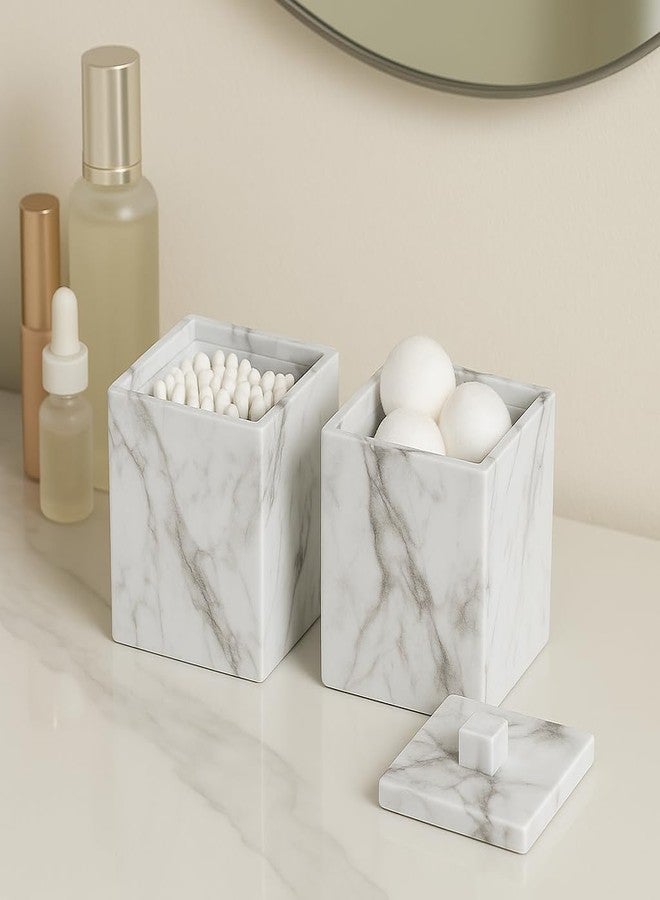 Jung Ford 2-Pack Marble Pattern Cotton Swab Holders with Lids, Resin Bathroom Vanity Storage Jars, Square Qtip Containers for Cotton Balls, Pads, and More (White) - Image 5