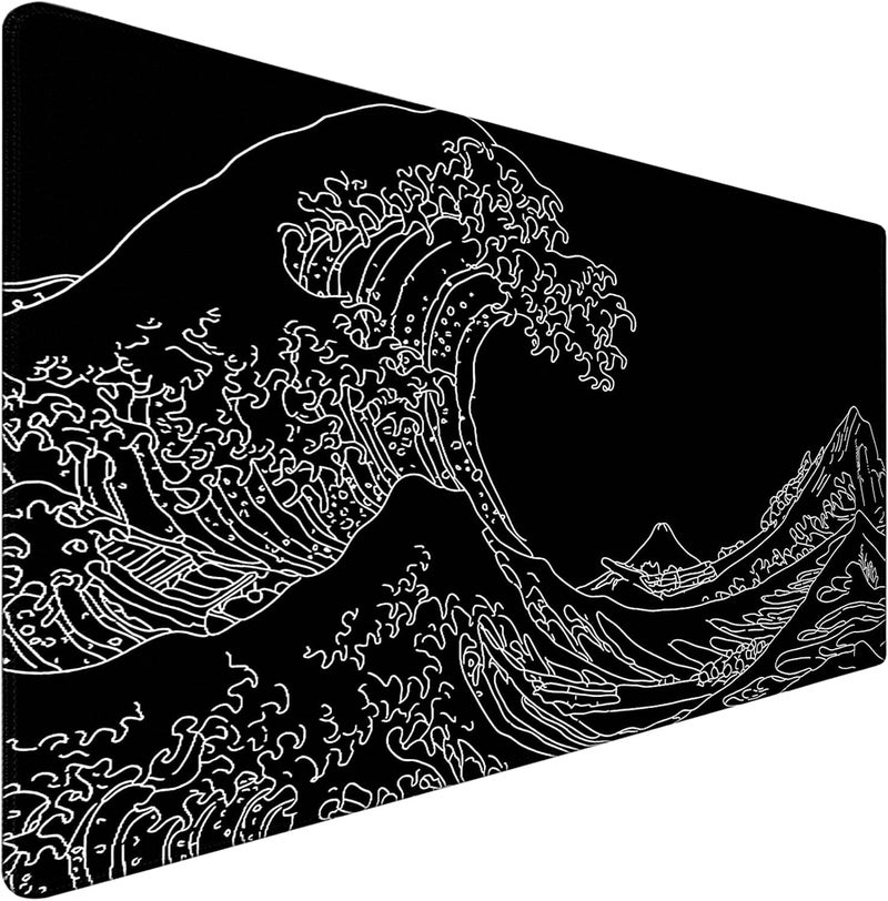 TEDNETGO Large Gaming Mouse Pad, Waterproof Extra Large Big Mouse Pad with Stitched Edge, XXXL Non-Slip Black Computer Long Mousepad for Gamer, Office & Home, Wave Lines - Image 1