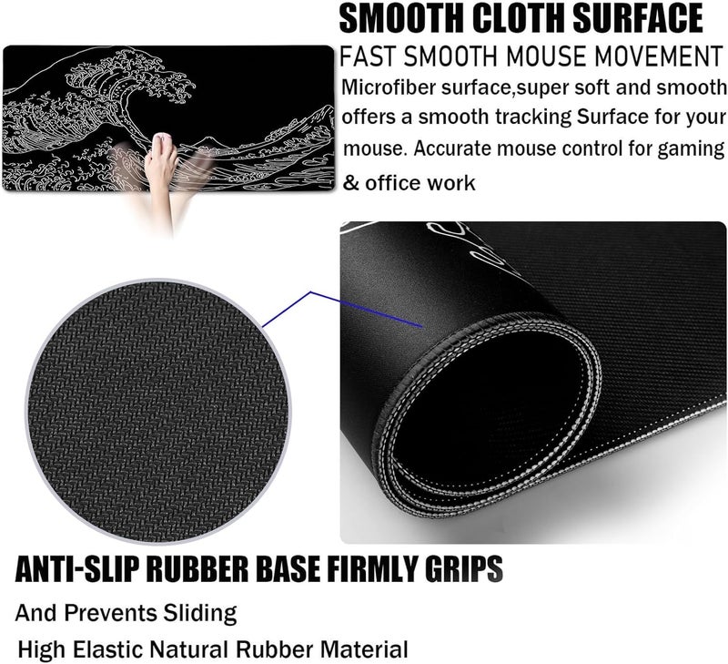 TEDNETGO Large Gaming Mouse Pad, Waterproof Extra Large Big Mouse Pad with Stitched Edge, XXXL Non-Slip Black Computer Long Mousepad for Gamer, Office & Home, Wave Lines - Image 3