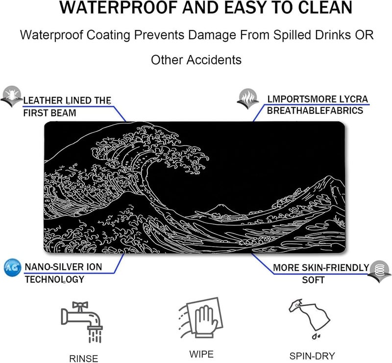 TEDNETGO Large Gaming Mouse Pad, Waterproof Extra Large Big Mouse Pad with Stitched Edge, XXXL Non-Slip Black Computer Long Mousepad for Gamer, Office & Home, Wave Lines - Image 4