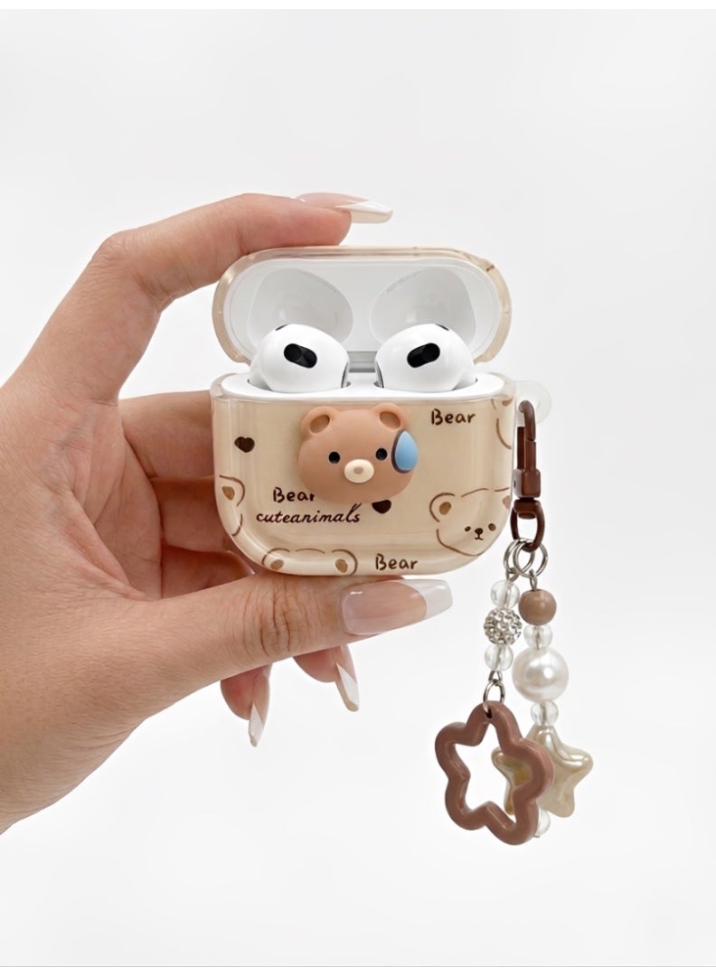 Aura Style Cute 3D Bear Case for AirPods 4 - Premium Shockproof Protective Cover with Pearl & Star Keychain, Aesthetic Cream - Image 2