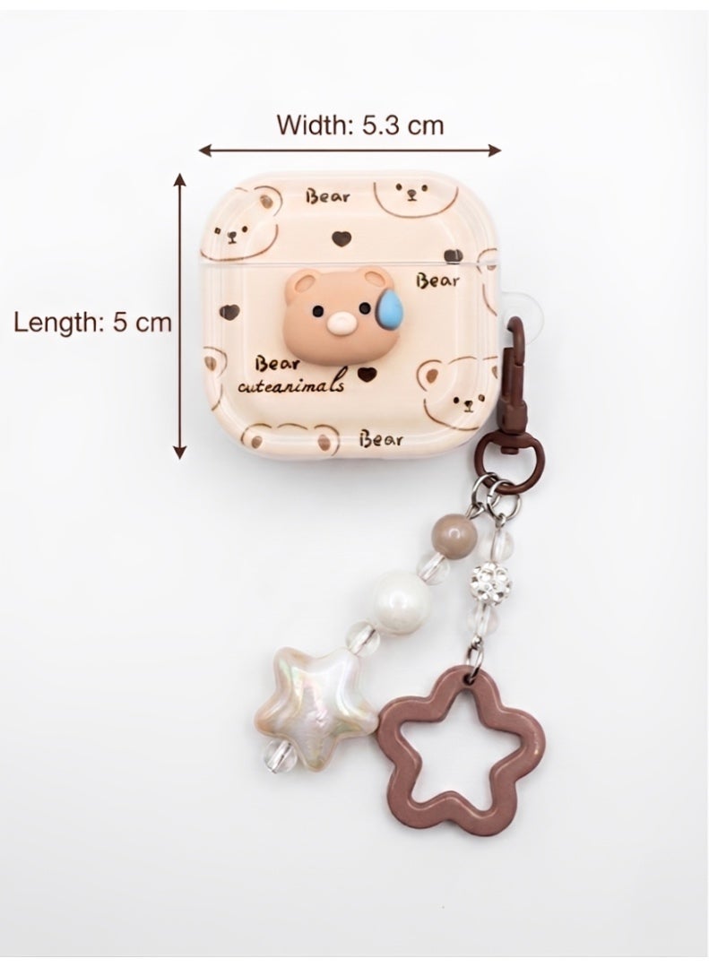Aura Style Cute 3D Bear Case for AirPods 4 - Premium Shockproof Protective Cover with Pearl & Star Keychain, Aesthetic Cream - Image 3