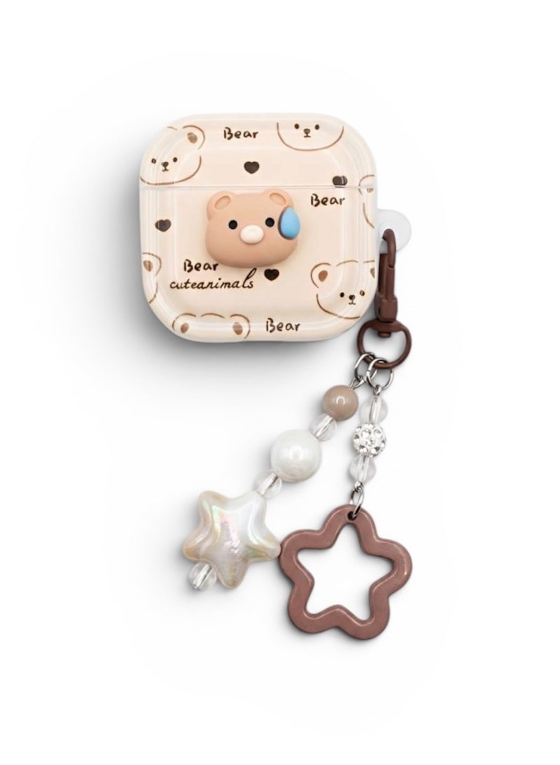 Aura Style Cute 3D Bear Case for AirPods 4 - Premium Shockproof Protective Cover with Pearl & Star Keychain, Aesthetic Cream - Image 1