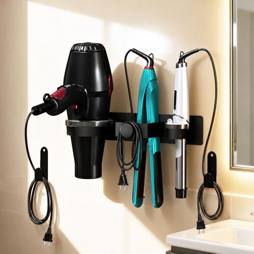 DOTCUTY Hair Dryer Holder Wall Mounted, Hair Straightener Holder with Plug&Cord Organizer, Metal Hair Tools Organizer & Storage Curling Iron Holder for Bathroom, Salon Hair Dryer Holder（Black） - Image 1