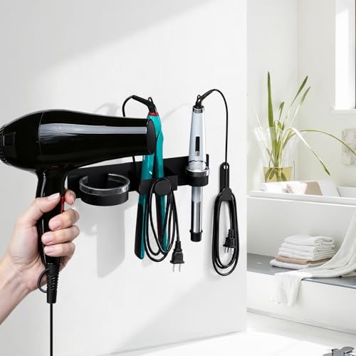 DOTCUTY Hair Dryer Holder Wall Mounted, Hair Straightener Holder with Plug&Cord Organizer, Metal Hair Tools Organizer & Storage Curling Iron Holder for Bathroom, Salon Hair Dryer Holder（Black） - Image 3