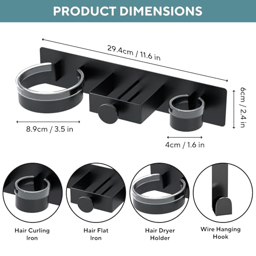 DOTCUTY Hair Dryer Holder Wall Mounted, Hair Straightener Holder with Plug&Cord Organizer, Metal Hair Tools Organizer & Storage Curling Iron Holder for Bathroom, Salon Hair Dryer Holder（Black） - Image 2