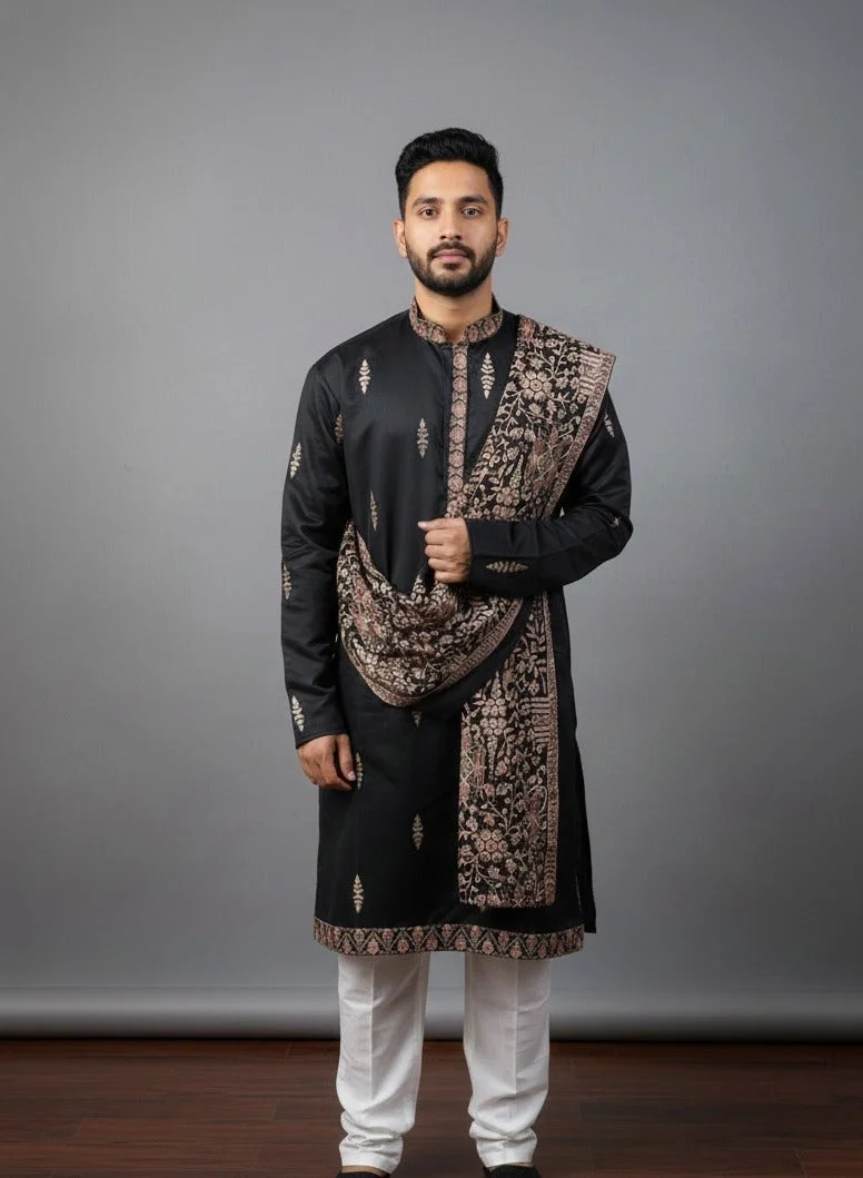 Lehar Embroidered Black Kurta Set with Jacquard Shawl for Men