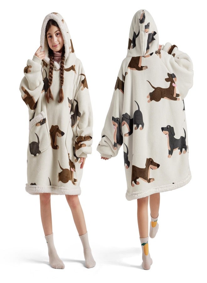Bedsure Wearable Blanket Hoodie, Sherpa Hooded Blanket Printed for Adult & Kids as Gifts for Women, Mom Gifts Sherpa Hoodie, Kids, Dachshund, Grey - Image 1