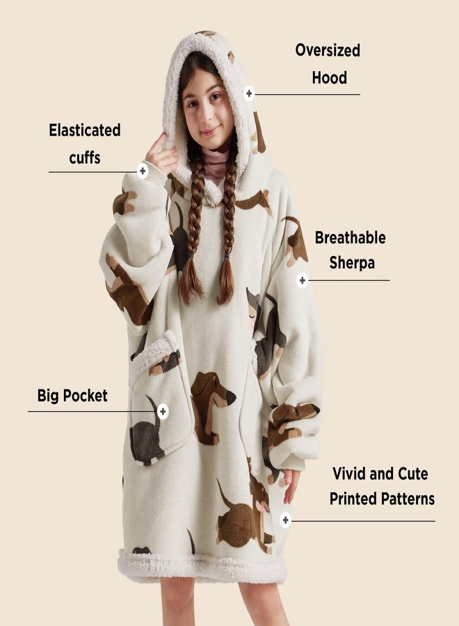 Bedsure Wearable Blanket Hoodie, Sherpa Hooded Blanket Printed for Adult & Kids as Gifts for Women, Mom Gifts Sherpa Hoodie, Kids, Dachshund, Grey - Image 2