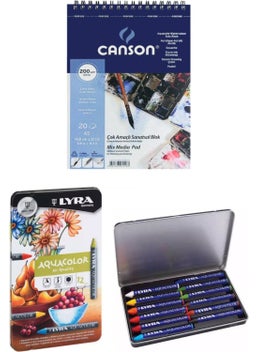 Glance Canson Mix Media Pad Multi-Purpose Drawing Pad A5 200 gr 20 Pages Lyra Aquacolor Crayon 12 Colors 