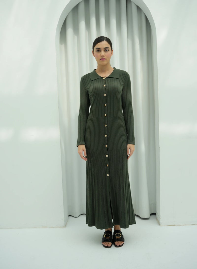 Andy 2331 | Chic Button-Front Ribbed Knit Maxi Dress with Classic Collar and Long Sleeves - Timeless and Versatile | Army Green - Image 1