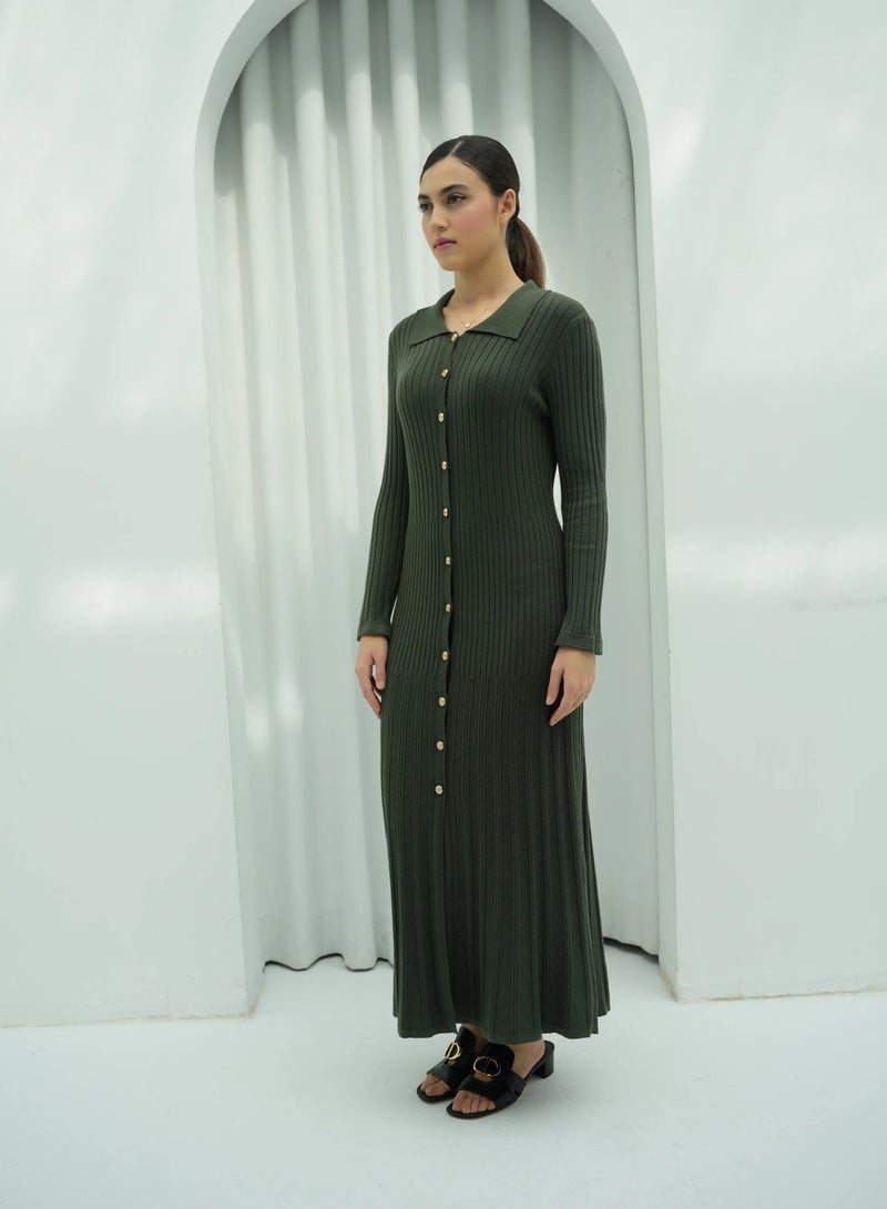 Andy 2331 | Chic Button-Front Ribbed Knit Maxi Dress with Classic Collar and Long Sleeves - Timeless and Versatile | Army Green - Image 2