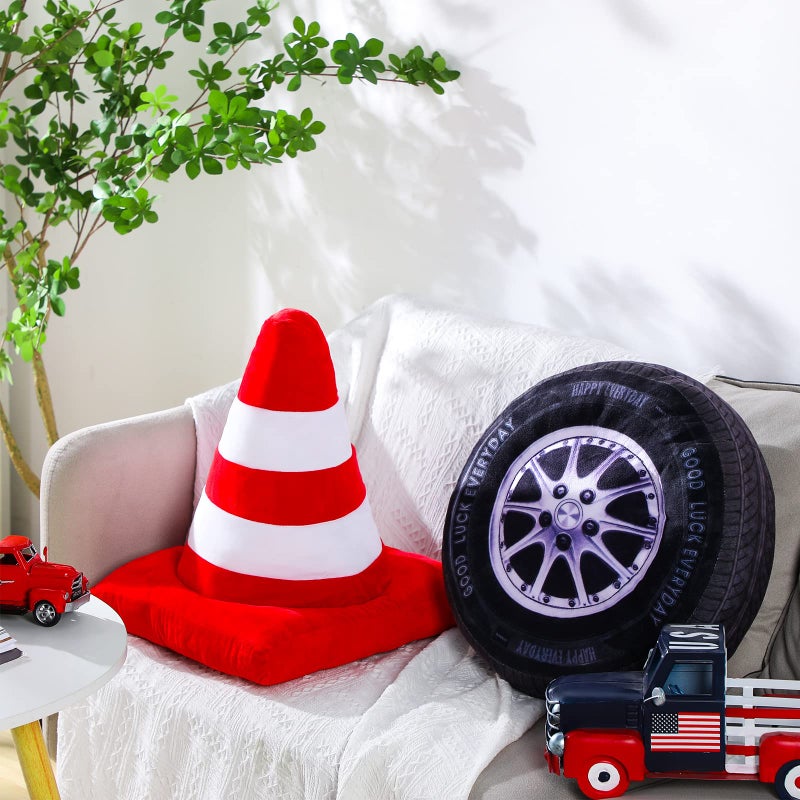Woanger 2 Pcs Racing Throw Pillow Room Decorations Set 157 Inch Big Creative 3D Simulation Wheel Pillow Funny Cone Traffic Light and Stop Sign Soft Race Car Tire Plush for Car Room DecorTraffic Cone