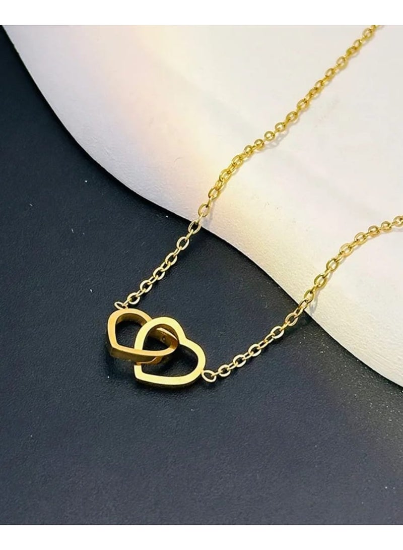 Luxuria 18K Gold Plated Stainless Steel Interlocking Heart Necklace with Double Love Pendant - Image 1