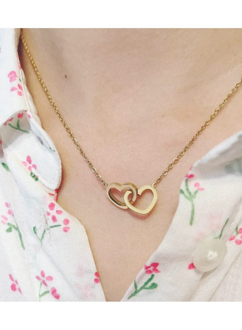 Luxuria 18K Gold Plated Stainless Steel Interlocking Heart Necklace with Double Love Pendant - Image 2