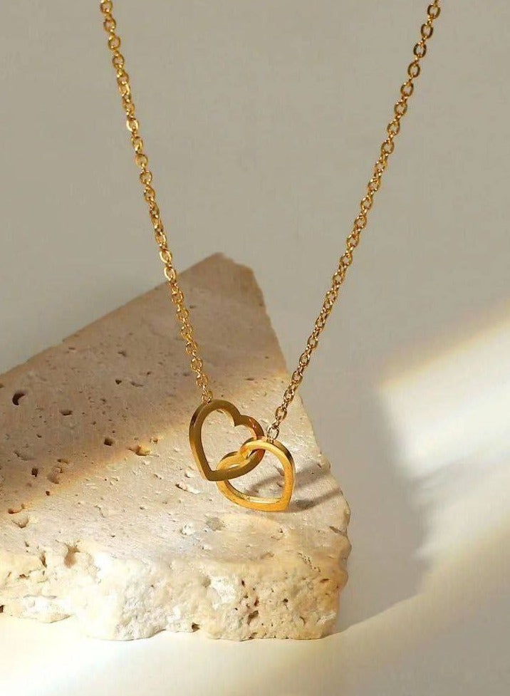 Luxuria 18K Gold Plated Stainless Steel Interlocking Heart Necklace with Double Love Pendant - Image 2