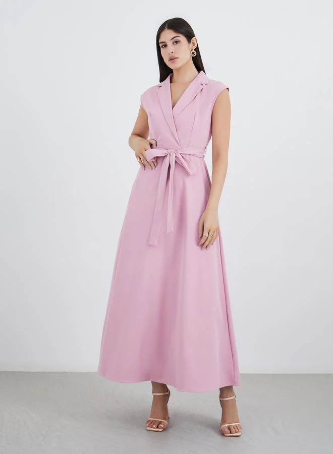 Styli Styli Solid Sleeveless Blazer Maxi Dress with Waist Tie