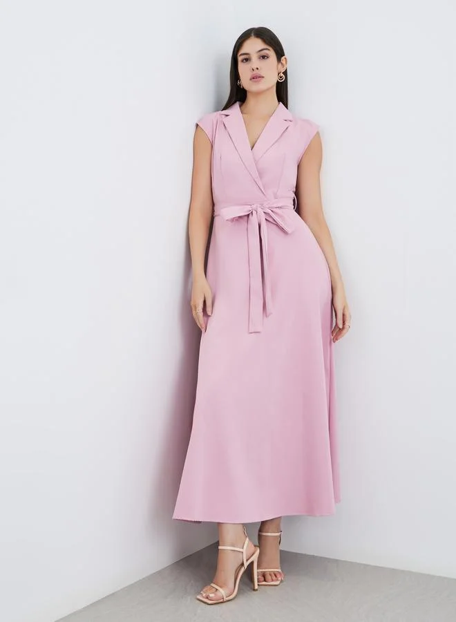 Styli Styli Solid Sleeveless Blazer Maxi Dress with Waist Tie
